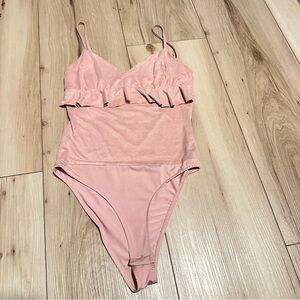 Atmosphere Pink Ruffled faux suede feel, super light, very soft Bodysuit